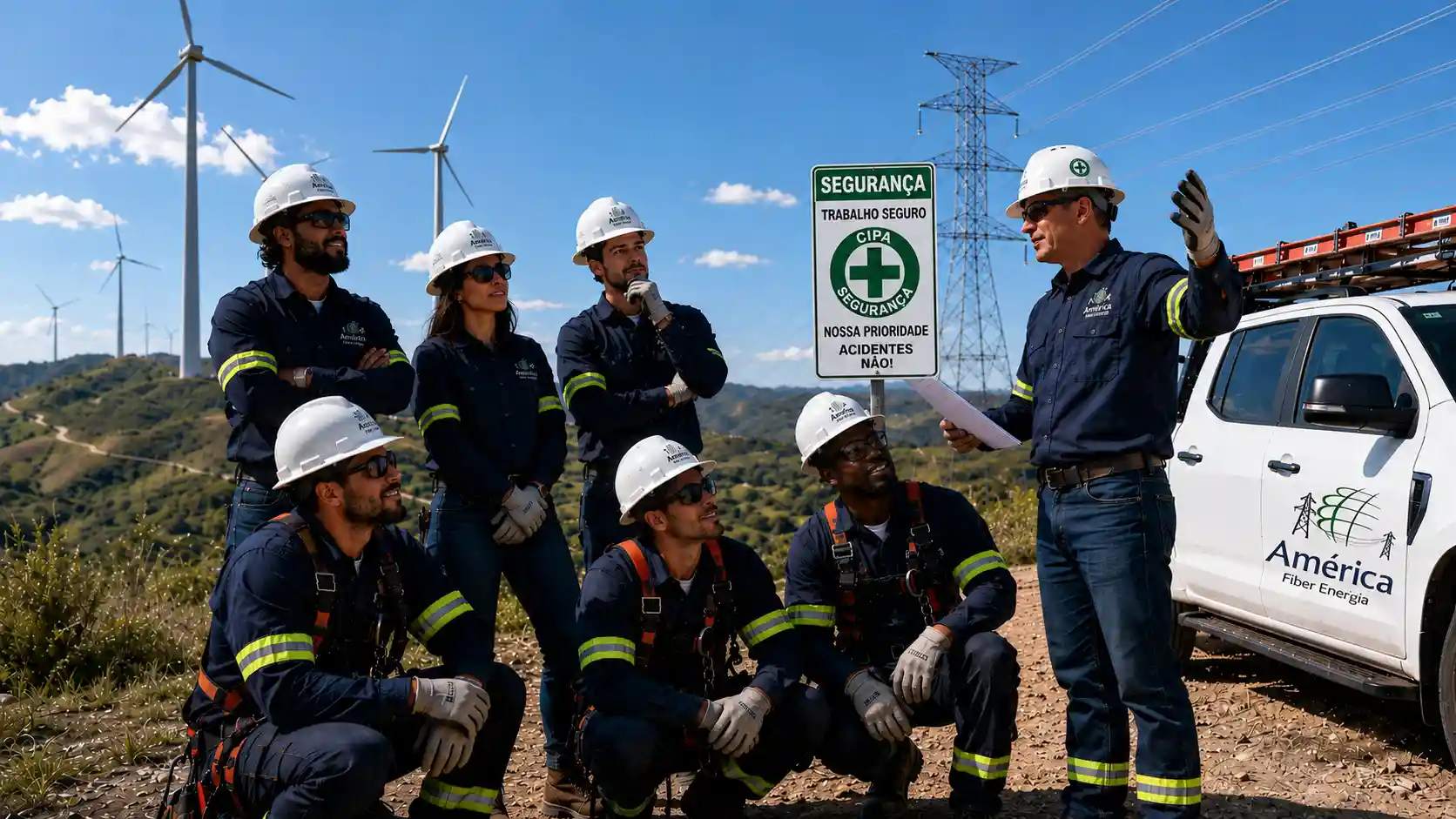 Técnicos da América Fiber Empreendimentos utilizando EPIs de segurança NR 10 e NR 35 em campo