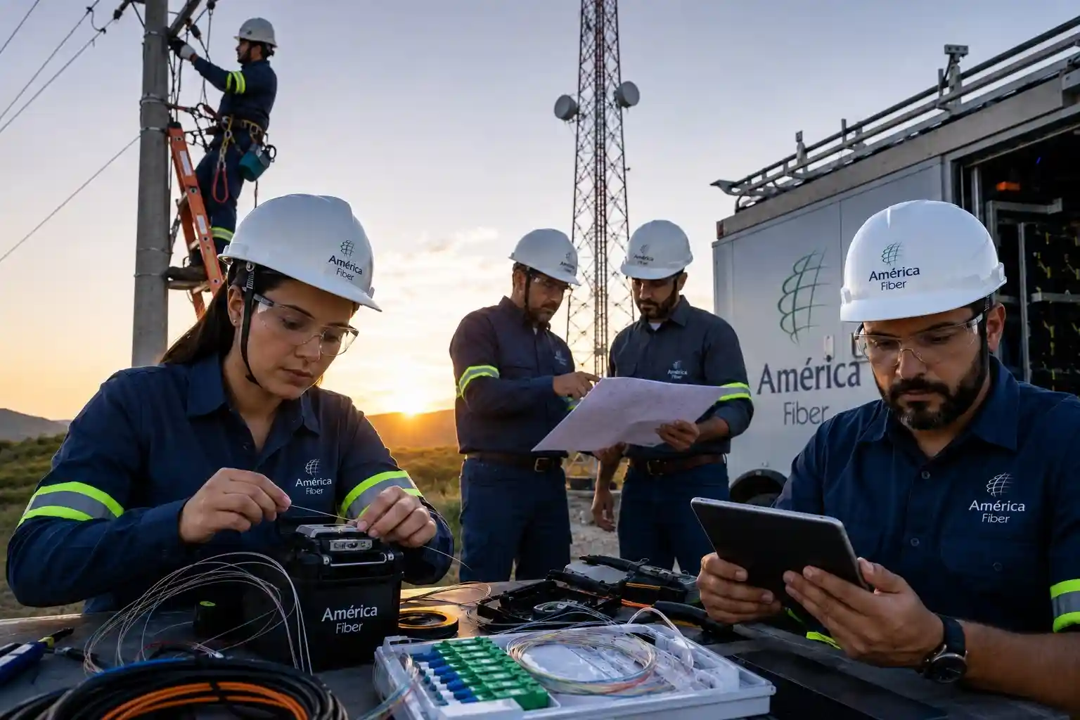 Equipe técnica realizando certificação OTDR, supervisão técnica e fusão de precisão