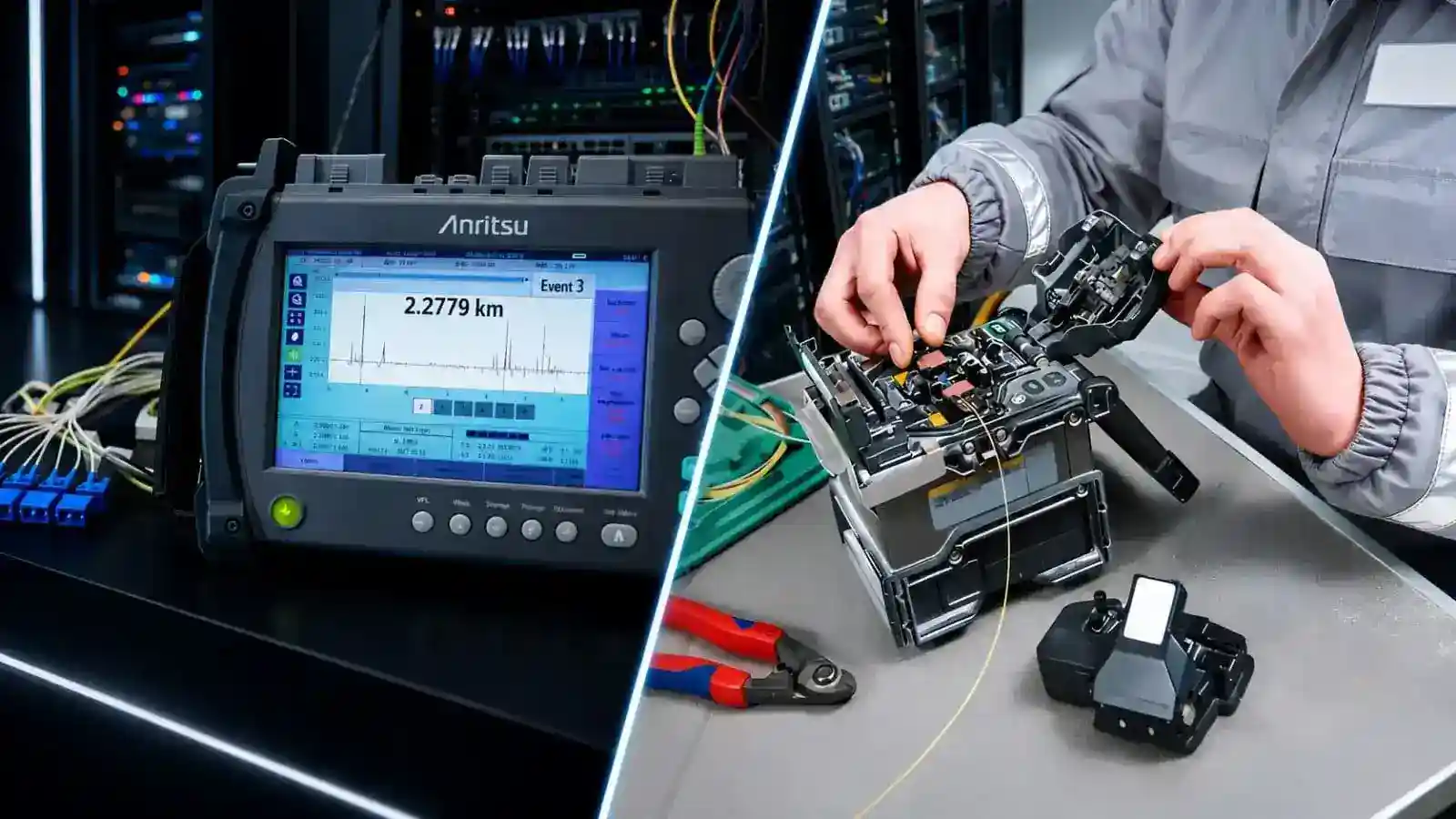 Técnico da América Fiber realizando fusão de fibra óptica e certificação OTDR com equipamento de alta precisão